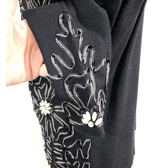 Black cardigan sweater lace applique pearl beadwork embellishment dressy size M - Picture 7 of 10